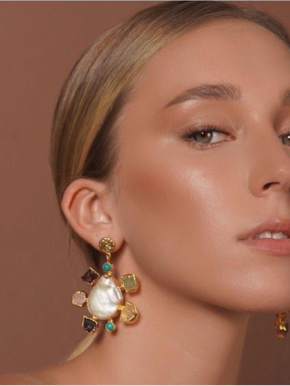 Gold-Tone Pearl and Multi-Gem Drop Earrings